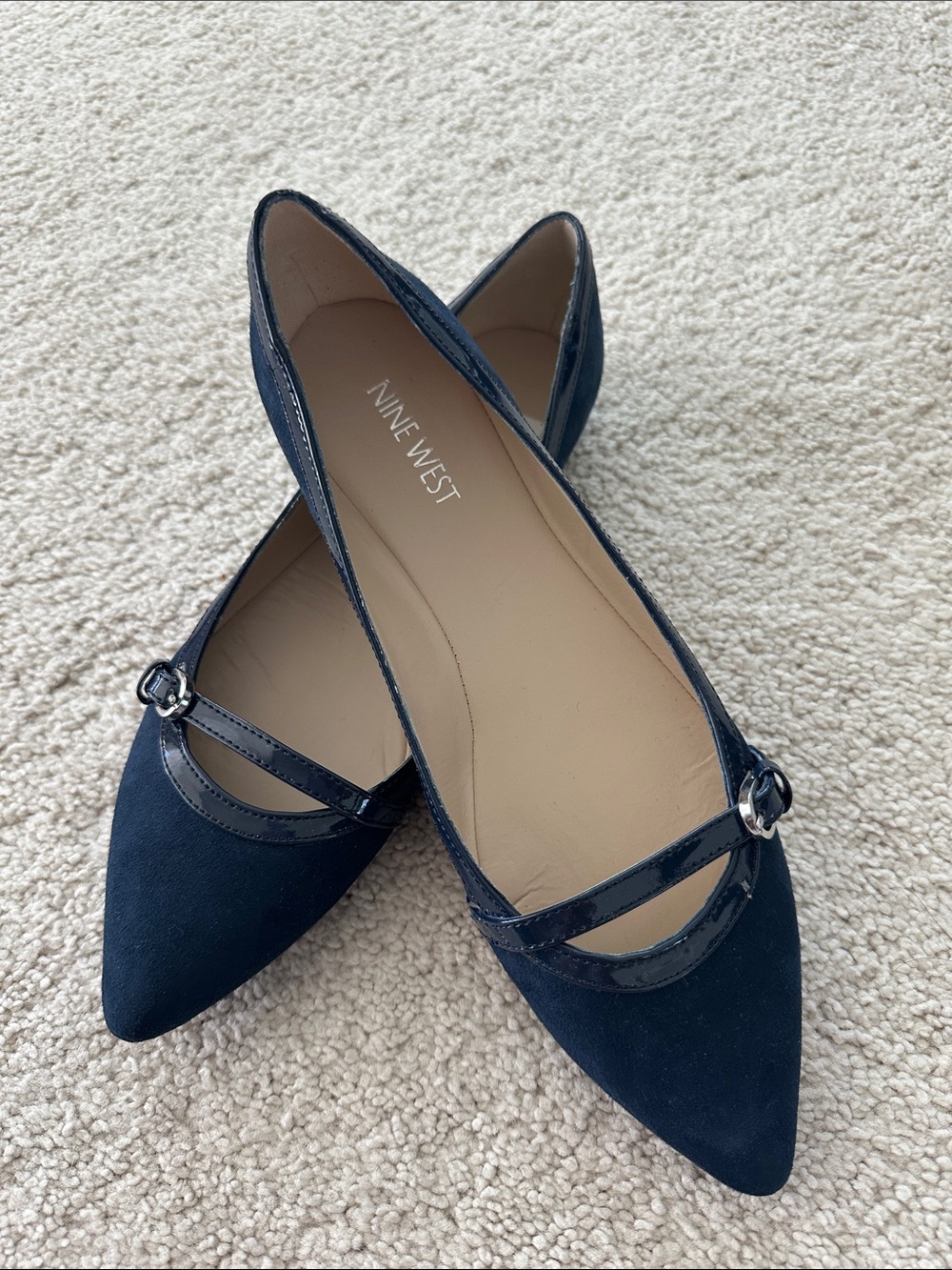 Nine West Navy Pointed Mary Jane Flats with Patent Trim- Navy Blue.